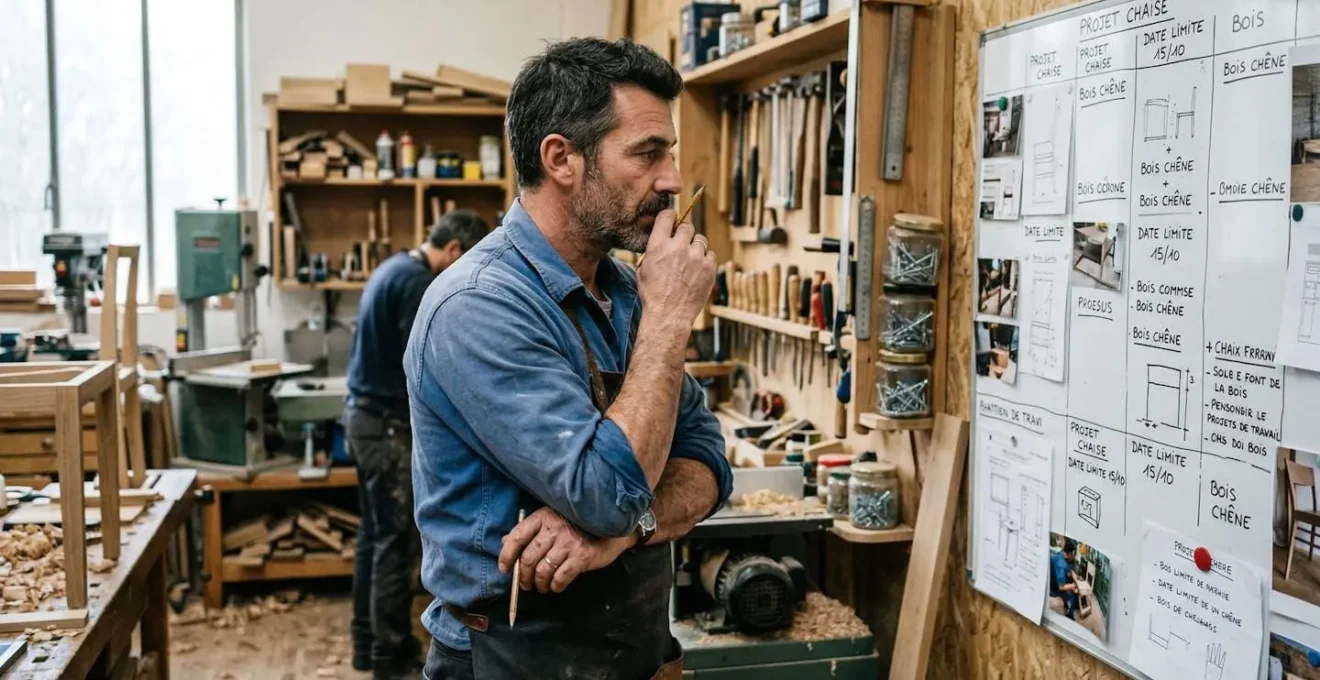 Artisan français consultant son planning dans un atelier professionnel, prévoyance TNS