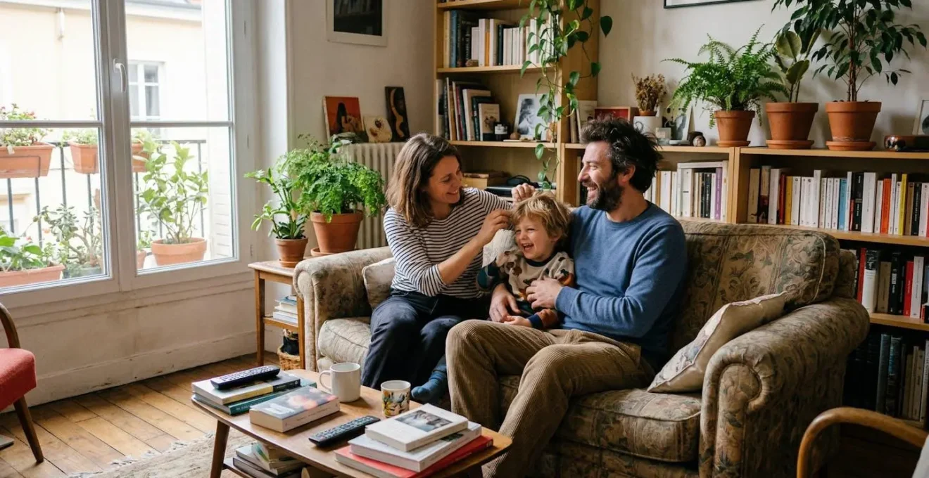 Famille française détendue dans son salon, protection familiale prévoyance
