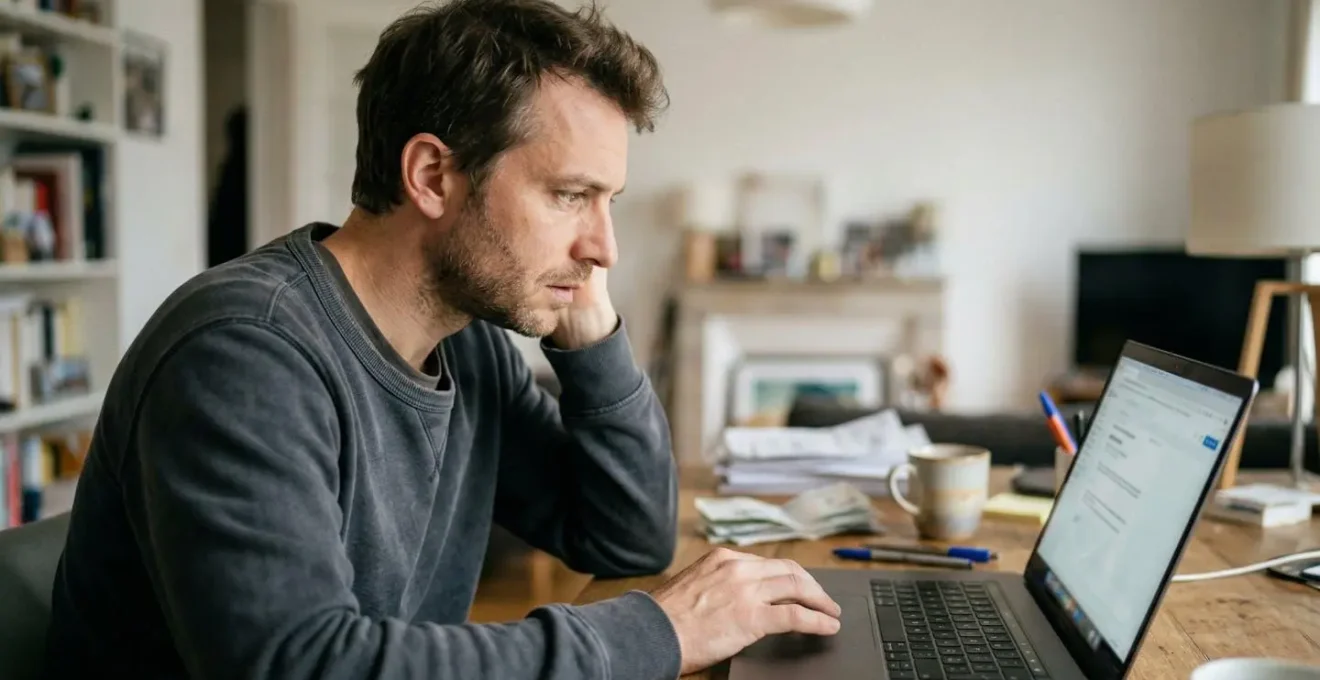 Travailleur indépendant préoccupé devant son ordinateur, indemnités journalières TNS