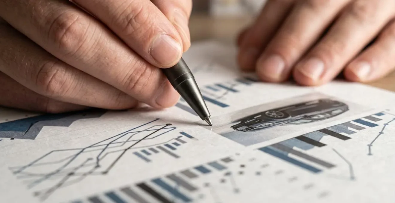 Gros plan sur des mains analysant des graphiques d'économies avec reflet de voiture