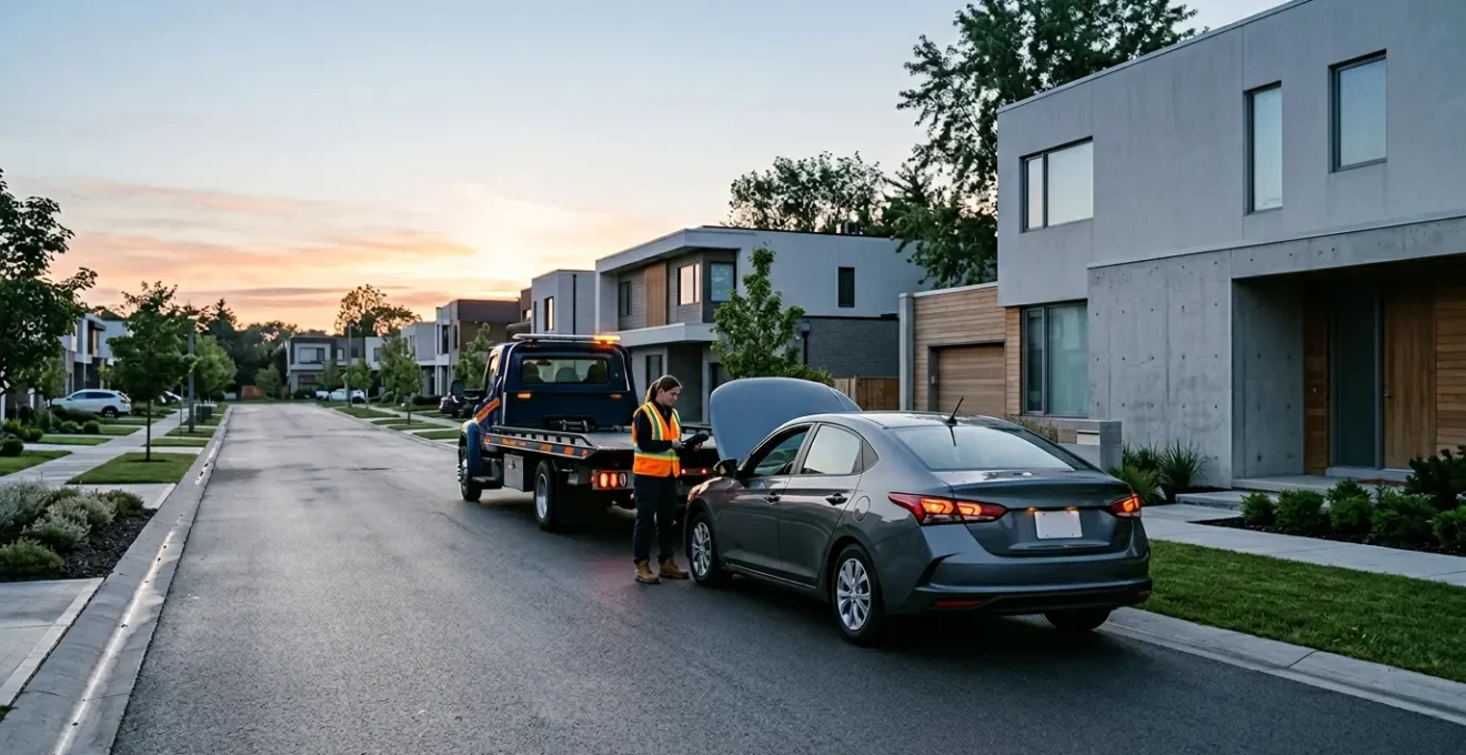 Véhicule en panne devant un domicile avec intervention d'un dépanneur professionnel