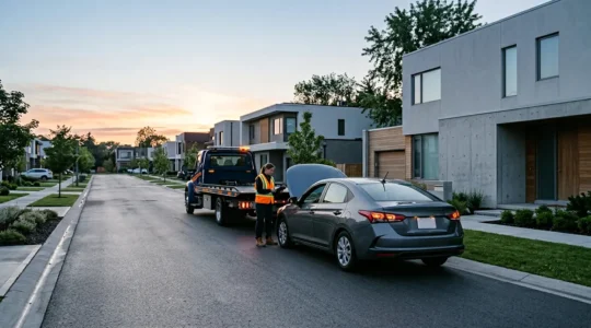 Véhicule en panne devant un domicile avec intervention d'un dépanneur professionnel