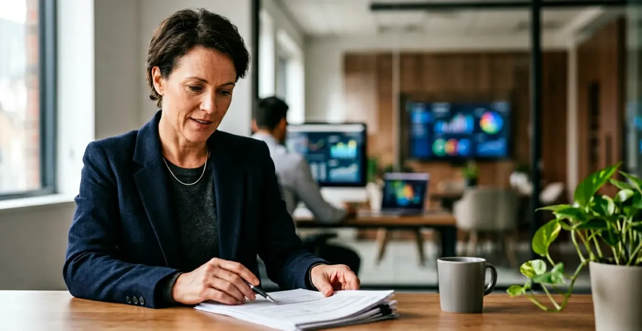 Chef d'entreprise consultant des documents d'assurance dans un bureau moderne avec écrans d'ordinateurs en arrière-plan