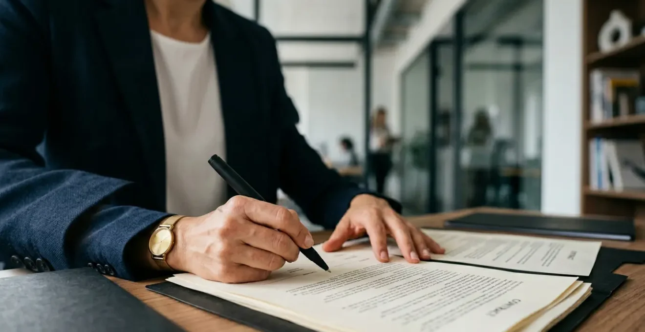 Dirigeant d'entreprise examinant des documents contractuels dans un environnement de bureau professionnel