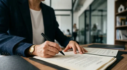 Dirigeant d'entreprise examinant des documents contractuels dans un environnement de bureau professionnel