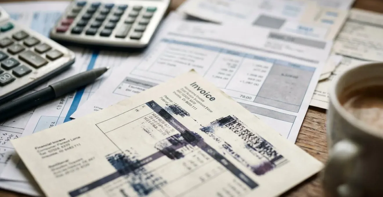 Vue détaillée de factures professionnelles et calculatrice montrant les charges fixes d'un cabinet indépendant