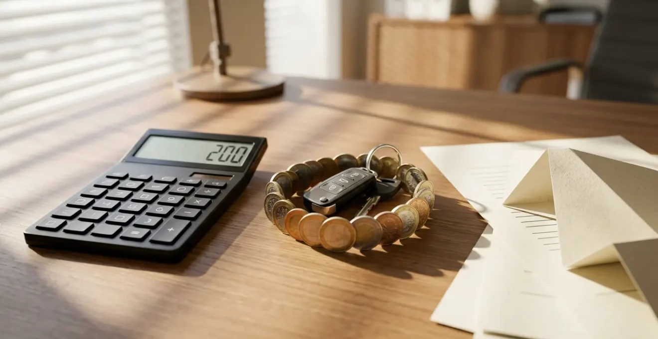 Calculatrice et documents d'assurance auto sur un bureau avec clés de voiture et calculateur d'économies