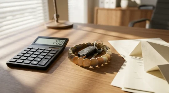 Calculatrice et documents d'assurance auto sur un bureau avec clés de voiture et calculateur d'économies