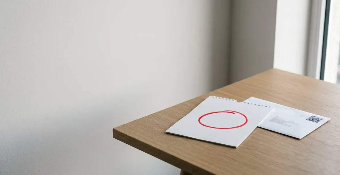Vue minimaliste d'un bureau avec calendrier marqué et lettre recommandée symbolisant l'urgence de la déclaration de sinistre