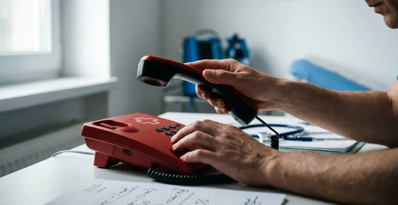 Vue rapprochée d'un téléphone rouge d'urgence avec stéthoscope flou en arrière-plan sur bureau médical minimaliste