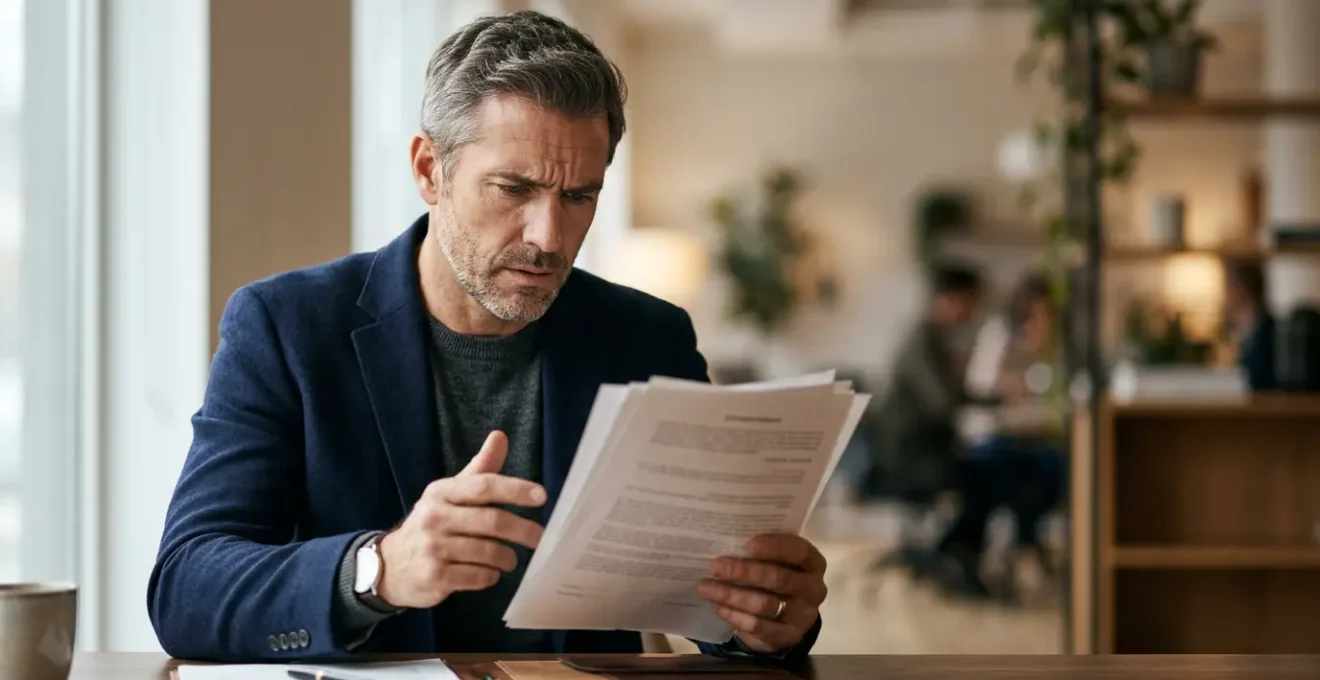 Chef d'entreprise concentré analysant attentivement un contrat d'assurance responsabilité civile professionnelle à son bureau