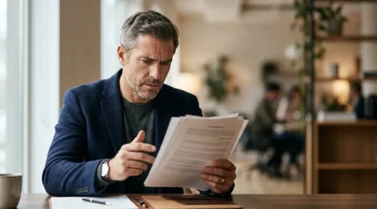 Chef d'entreprise concentré analysant attentivement un contrat d'assurance responsabilité civile professionnelle à son bureau