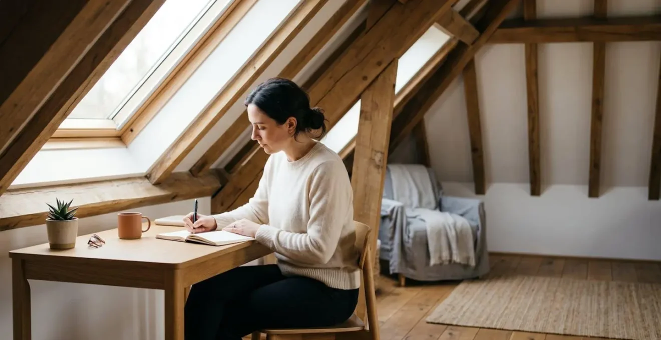 Combles aménagés en bureau lumineux avec poutres apparentes