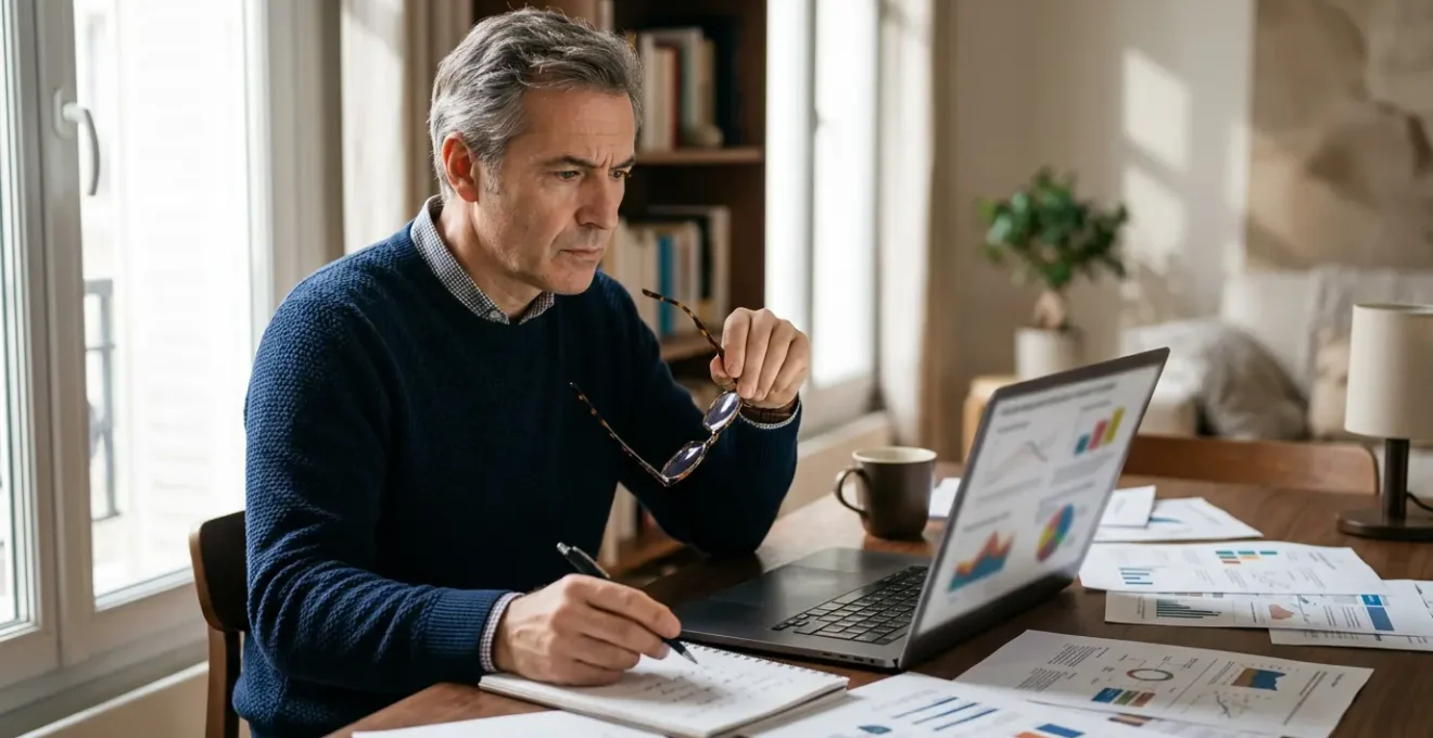 Illustration montrant une personne analysant des devis de mutuelle santé sur un ordinateur avec des documents financiers