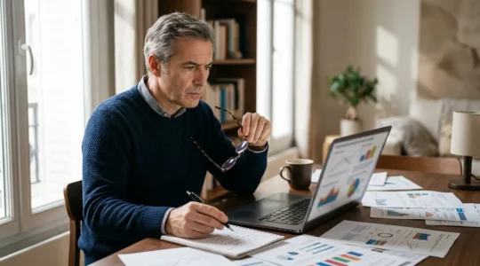 Illustration montrant une personne analysant des devis de mutuelle santé sur un ordinateur avec des documents financiers