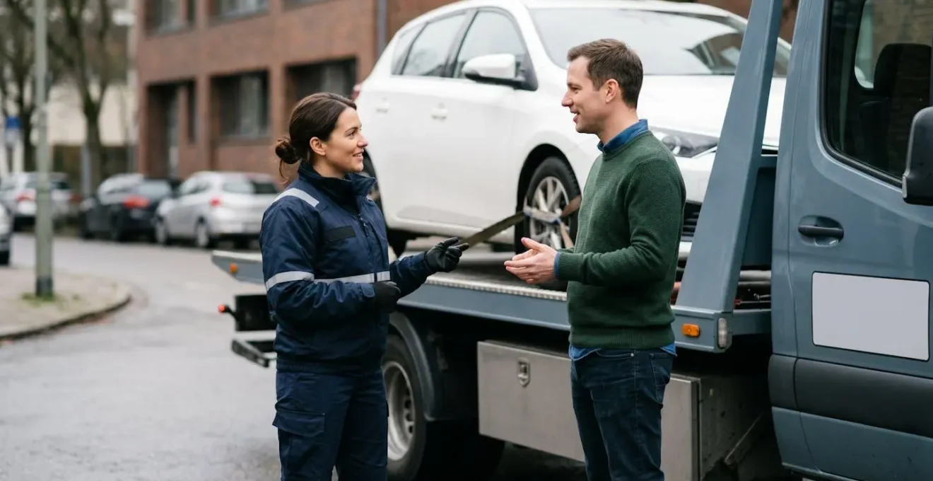 Échange professionnel entre un dépanneur et un automobiliste devant un véhicule sur plateau de remorquage