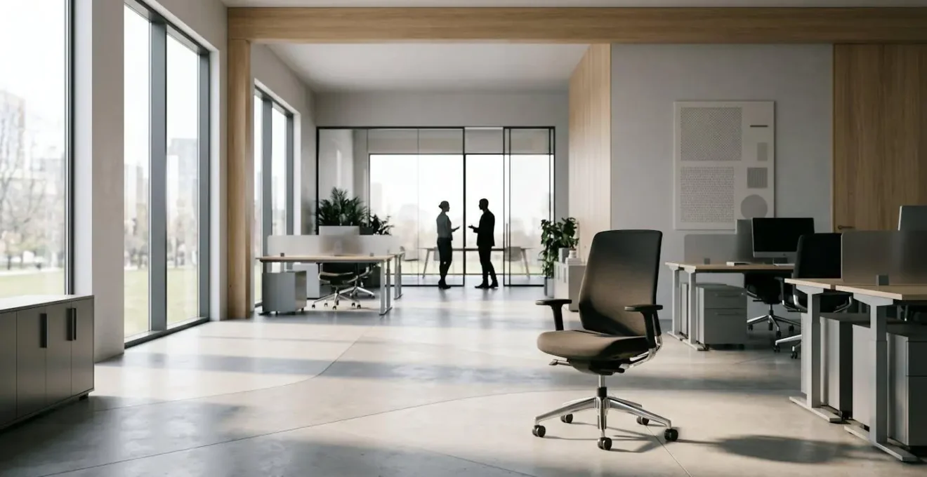 Vue d'ensemble minimaliste d'un espace de travail collaboratif moderne avec zones d'interaction professionnelle
