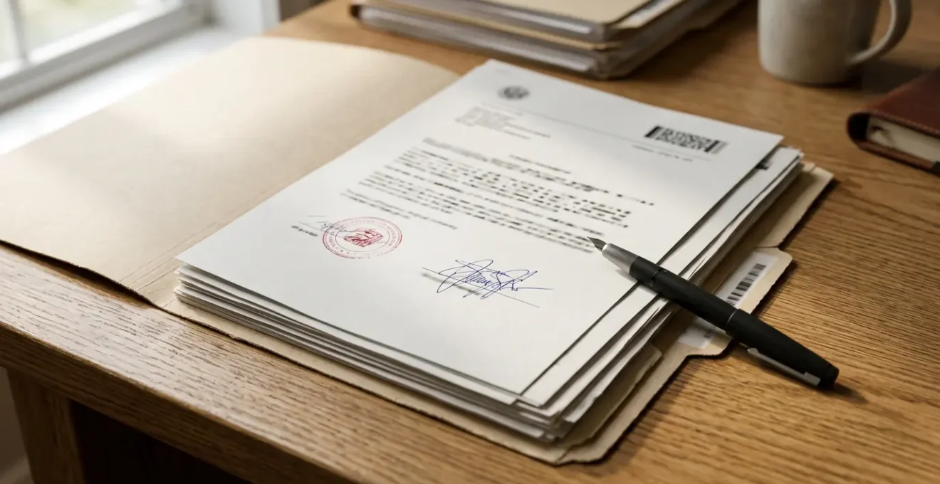 Dossier de documents administratifs avec formulaires d'assurance et certificats posés sur un bureau moderne