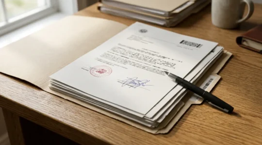 Dossier de documents administratifs avec formulaires d'assurance et certificats posés sur un bureau moderne