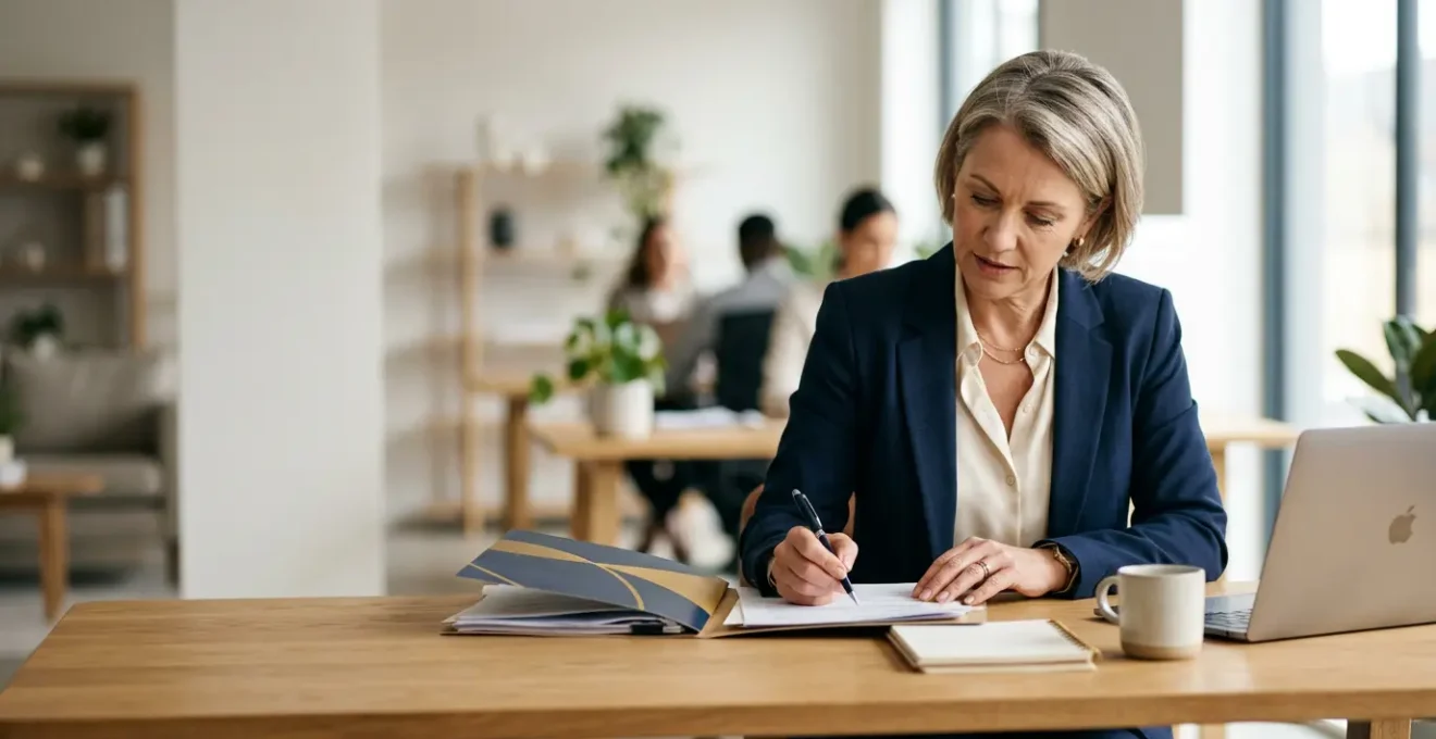 Courtier en assurance professionnel analysant des documents de responsabilité civile dans un bureau moderne