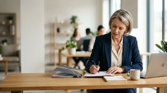 Courtier en assurance professionnel analysant des documents de responsabilité civile dans un bureau moderne