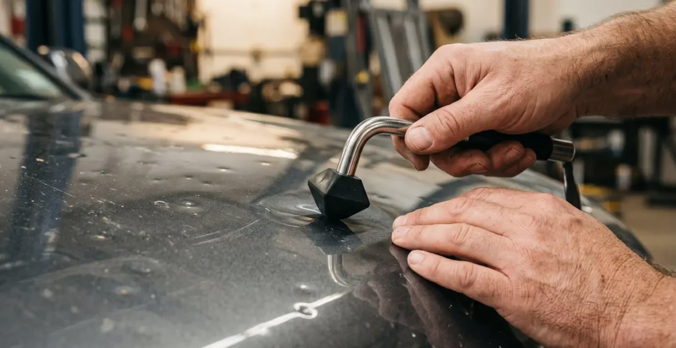 Gros plan technique sur les mains d'un artisan effectuant un débosselage sans peinture sur une carrosserie automobile cabossée par la grêle
