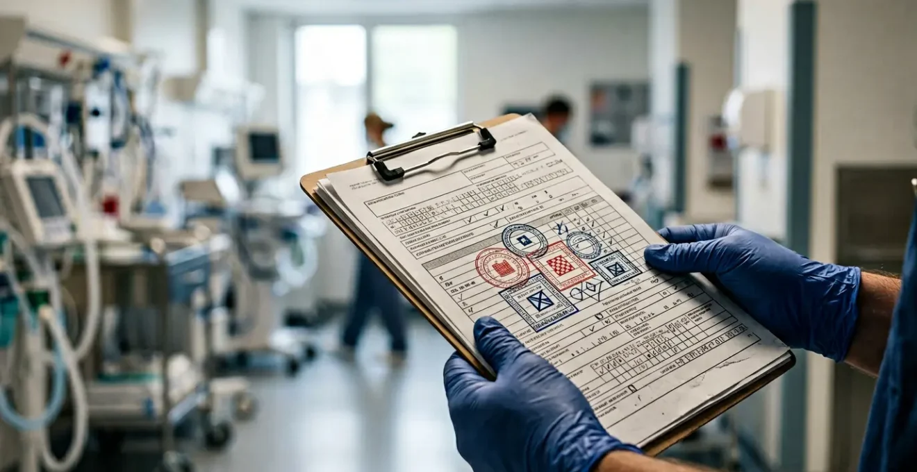 Mains gantées tenant un document médical avec codes et tampons administratifs dans environnement clinique