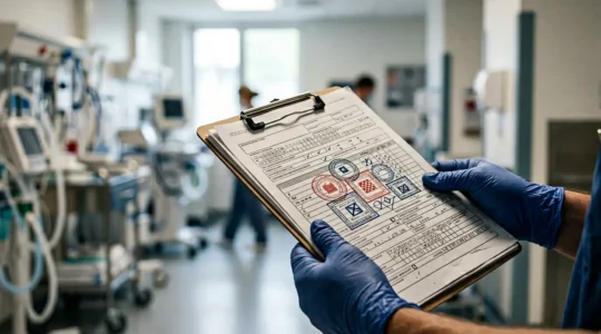 Mains gantées tenant un document médical avec codes et tampons administratifs dans environnement clinique