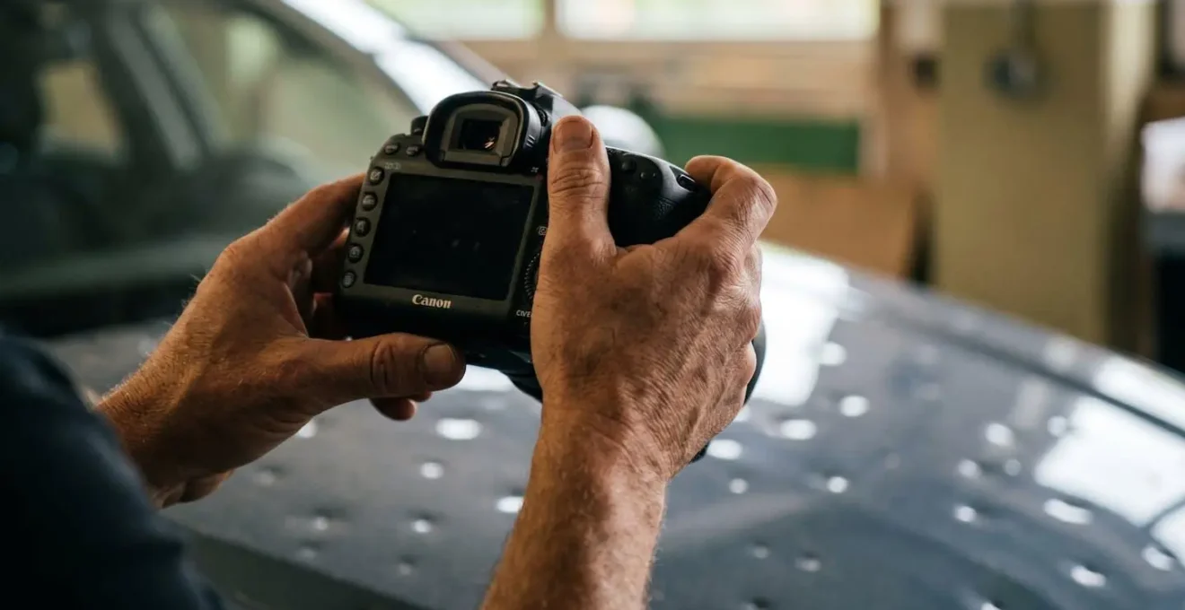 Smartphone photographiant méthodiquement les impacts de grêle sur une carrosserie automobile avec horodatage visible sur l'écran