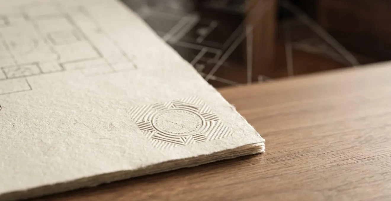 Gros plan sur des documents de brevet et d'innovation technologique avec cachet officiel sur un bureau moderne