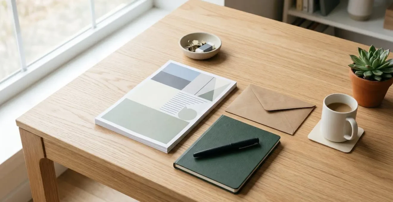 Composition minimaliste de documents administratifs soigneusement organisés sur un bureau avec lumière naturelle douce