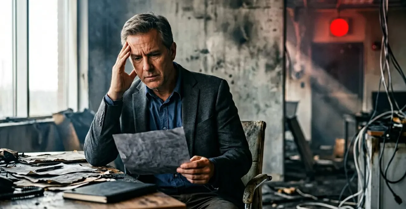 Chef d'entreprise préoccupé face aux conséquences d'un sinistre informatique majeur et à la perte de données critiques