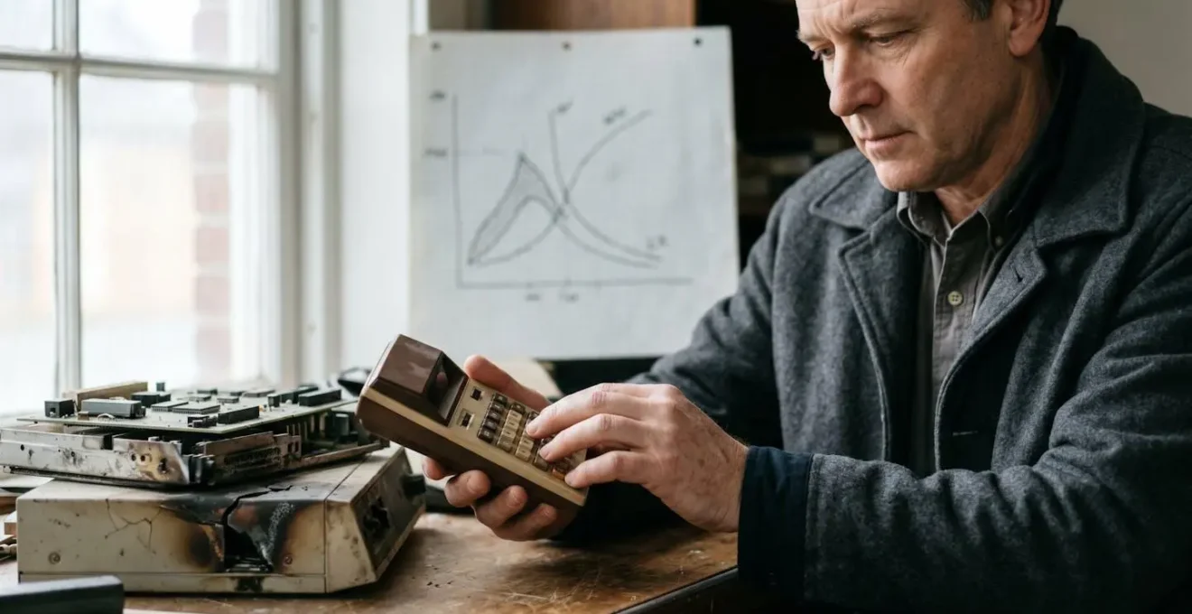 Expert avec calculatrice évaluant des équipements électroniques sur une table avec courbe de dépréciation visible