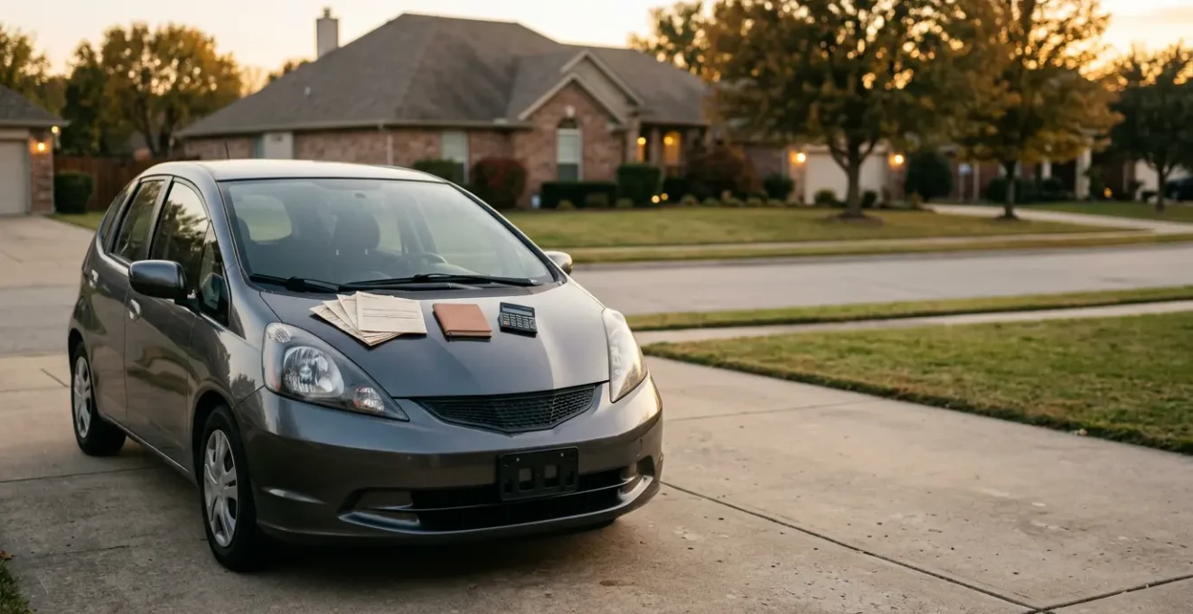 Vue d'ensemble d'une voiture ancienne avec documents d'assurance et calculatrice illustrant l'analyse de rentabilité