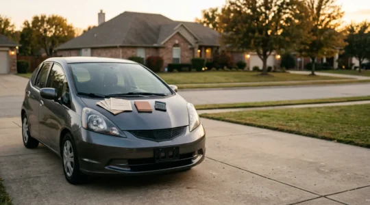Vue d'ensemble d'une voiture ancienne avec documents d'assurance et calculatrice illustrant l'analyse de rentabilité
