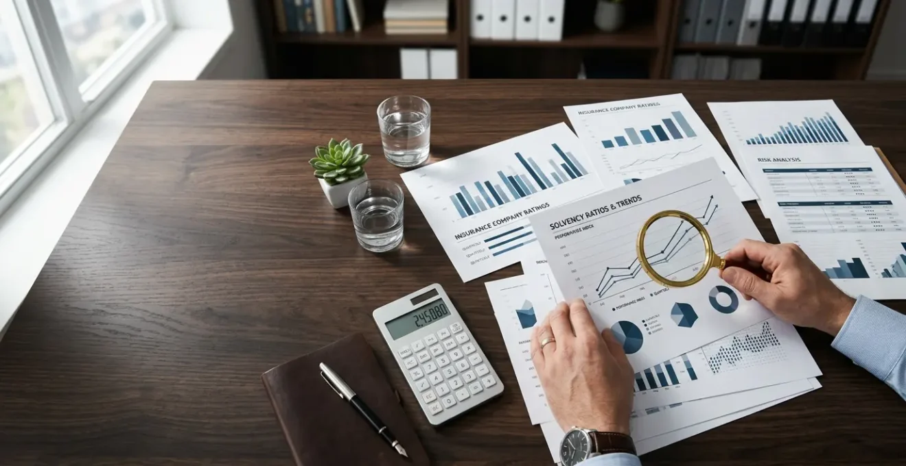 Vue en plongée d'un bureau avec documents financiers et rapports d'analyse de solvabilité d'assurance vie
