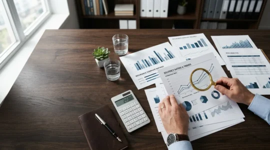 Vue en plongée d'un bureau avec documents financiers et rapports d'analyse de solvabilité d'assurance vie
