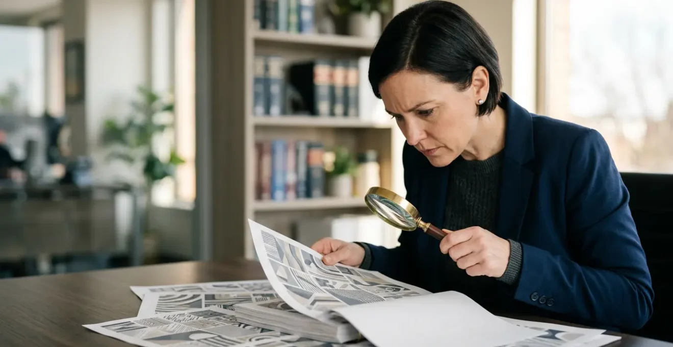 Expert en assurance analysant minutieusement des documents contractuels avec une loupe dans un bureau professionnel