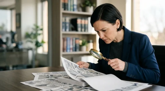 Expert en assurance analysant minutieusement des documents contractuels avec une loupe dans un bureau professionnel
