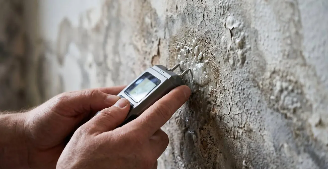 Gros plan sur des mains d'expert utilisant un appareil de mesure d'humidité sur une surface murale endommagée avec traces d'infiltration