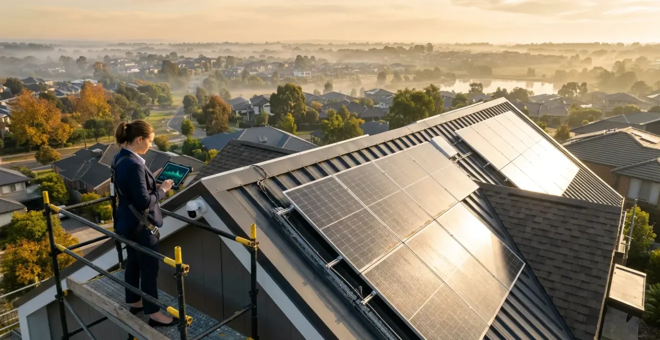 Expert en assurance examinant des panneaux solaires sur un toit avec tablette numérique et équipements domotiques en arrière-plan