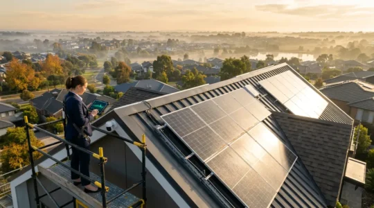 Expert en assurance examinant des panneaux solaires sur un toit avec tablette numérique et équipements domotiques en arrière-plan