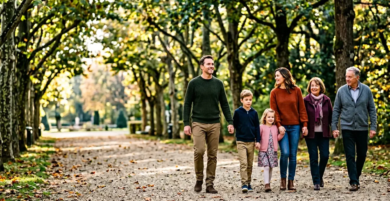 Famille souriante marchant ensemble dans un parc verdoyant, symbolisant la protection et la sécurité de l'avenir