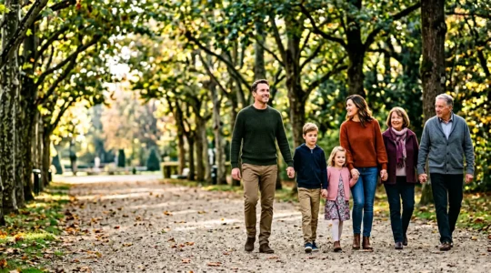 Famille souriante marchant ensemble dans un parc verdoyant, symbolisant la protection et la sécurité de l'avenir