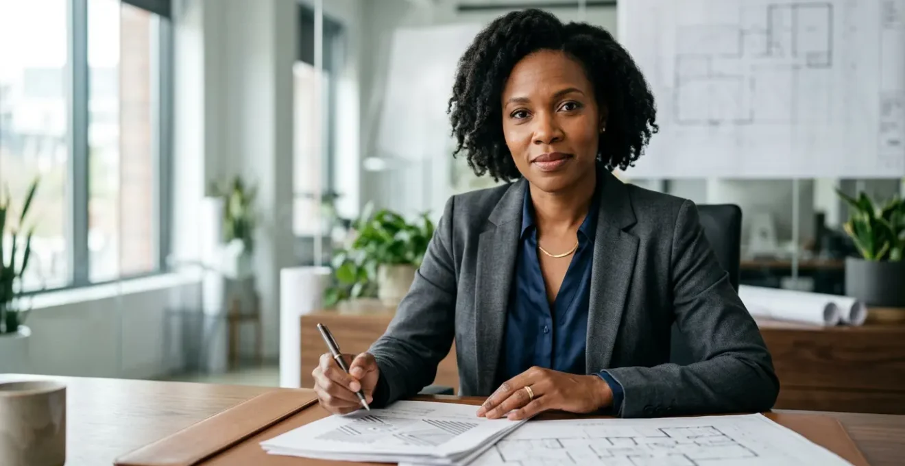 Dirigeant d'entreprise examinant des documents de garantie d'assurance dans un contexte de reconstruction