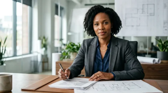 Dirigeant d'entreprise examinant des documents de garantie d'assurance dans un contexte de reconstruction