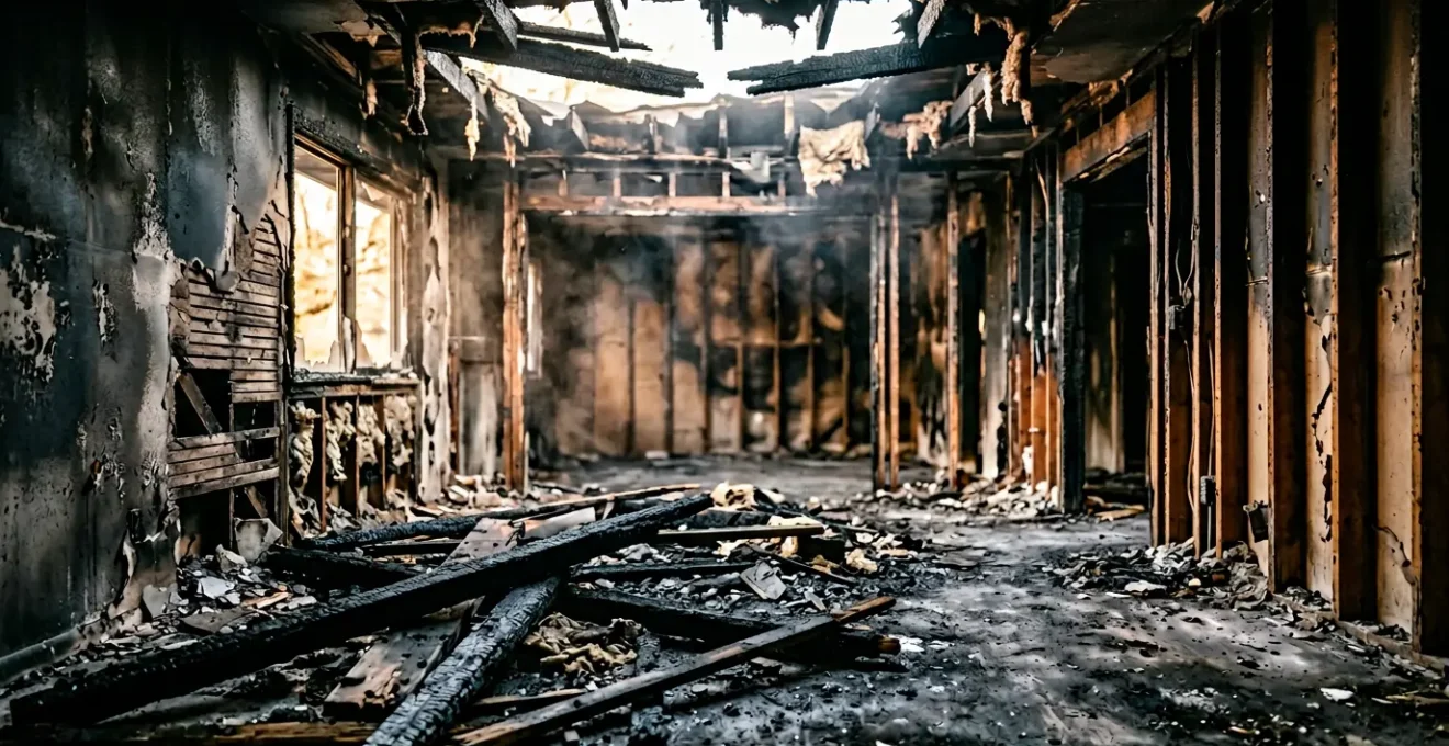 Scène représentant la gestion d'un sinistre majeur avec documentation et preuves après un incendie