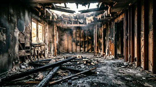 Scène représentant la gestion d'un sinistre majeur avec documentation et preuves après un incendie