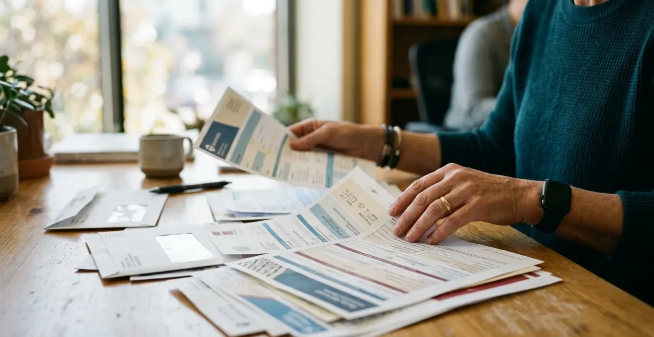 Personne examinant attentivement des documents administratifs et médicaux avec une expression concentrée et déterminée