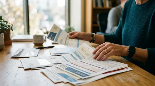 Personne examinant attentivement des documents administratifs et médicaux avec une expression concentrée et déterminée
